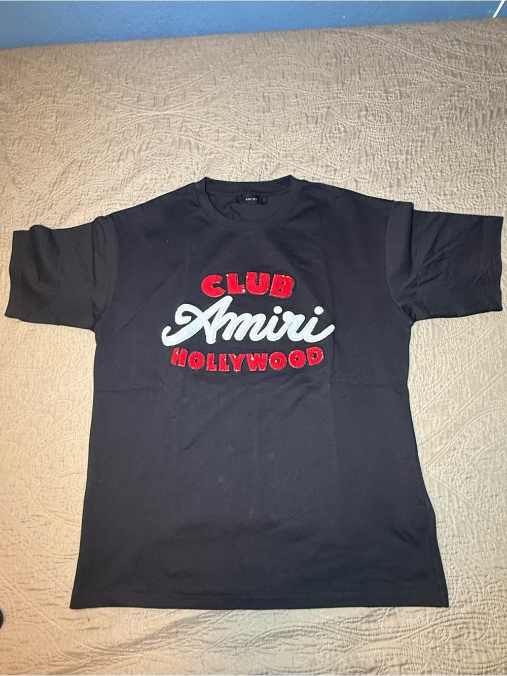 AMIRI Black Crewneck T-Shirt with Red and White Club Amiri Hollywood Logo